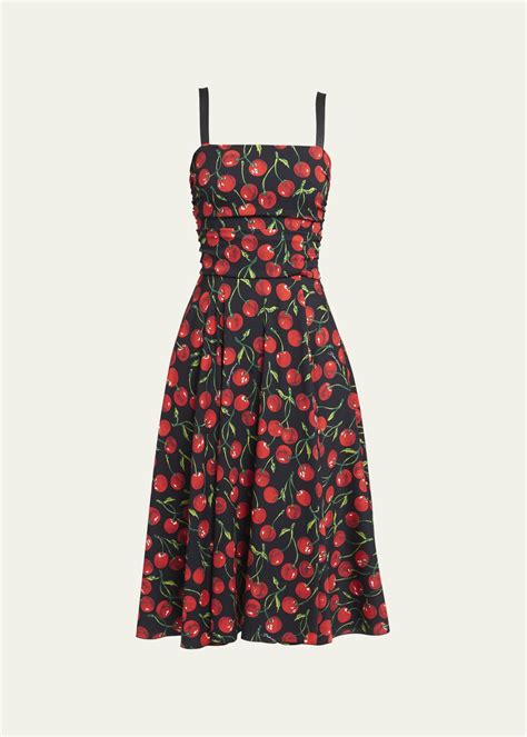 Dolce&Gabbana Cherry Charmeuse Ruched Midi Dress.